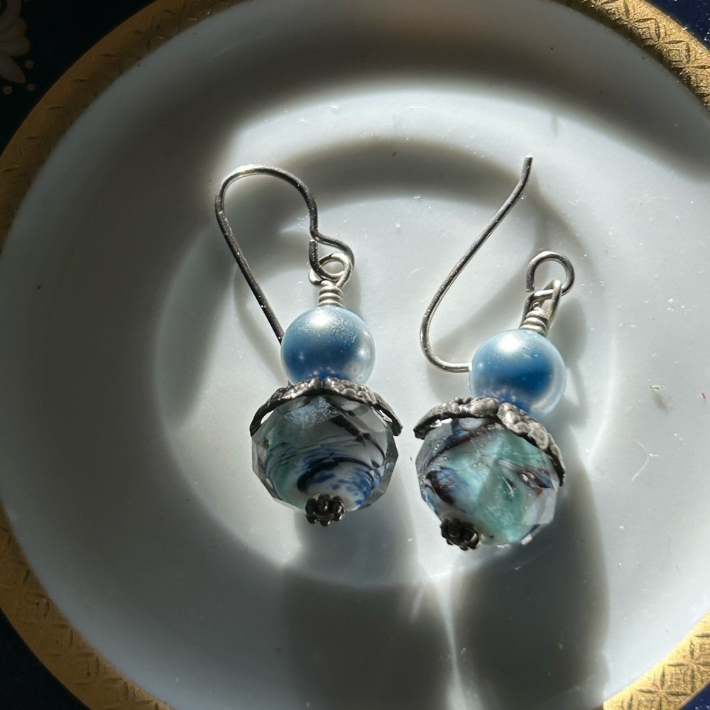 Vintage Blue Swirl Glass Bead & Faux Pearl Earrings